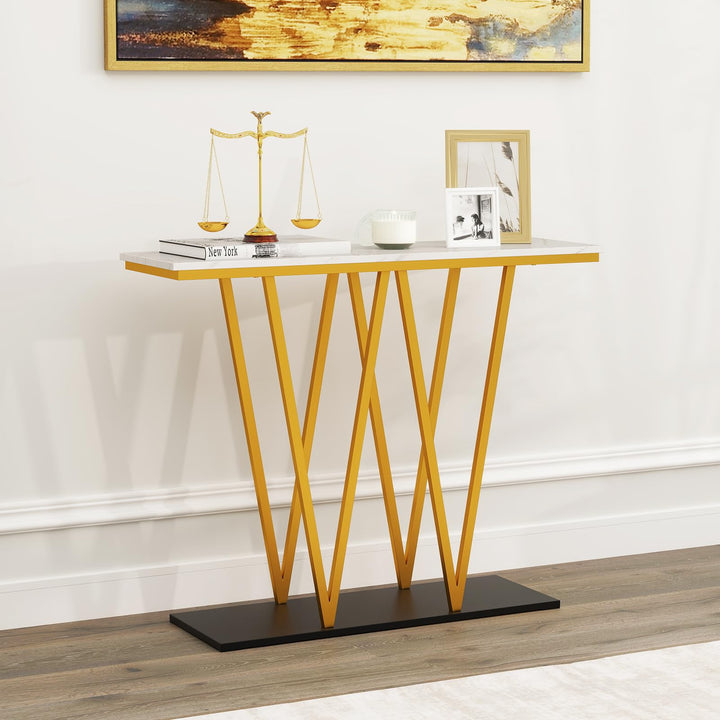 Giantex Gold Entryway Table 40 Inch Modern Console Table with Faux Marble Table and Metal Frame