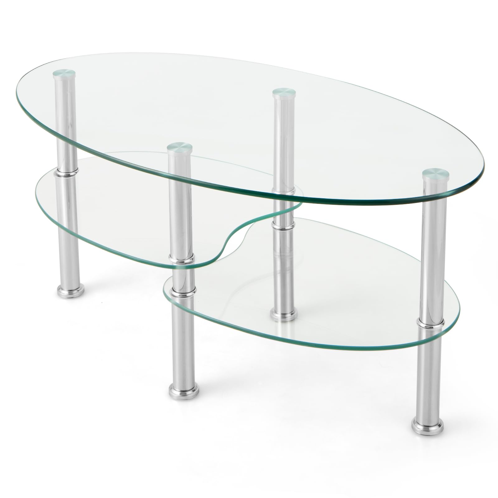 Giantex Oval Glass Coffee Table - 3-Tier Transparent Tempered Glass Center Table with Metal Stand, 35"× 20" ×18"