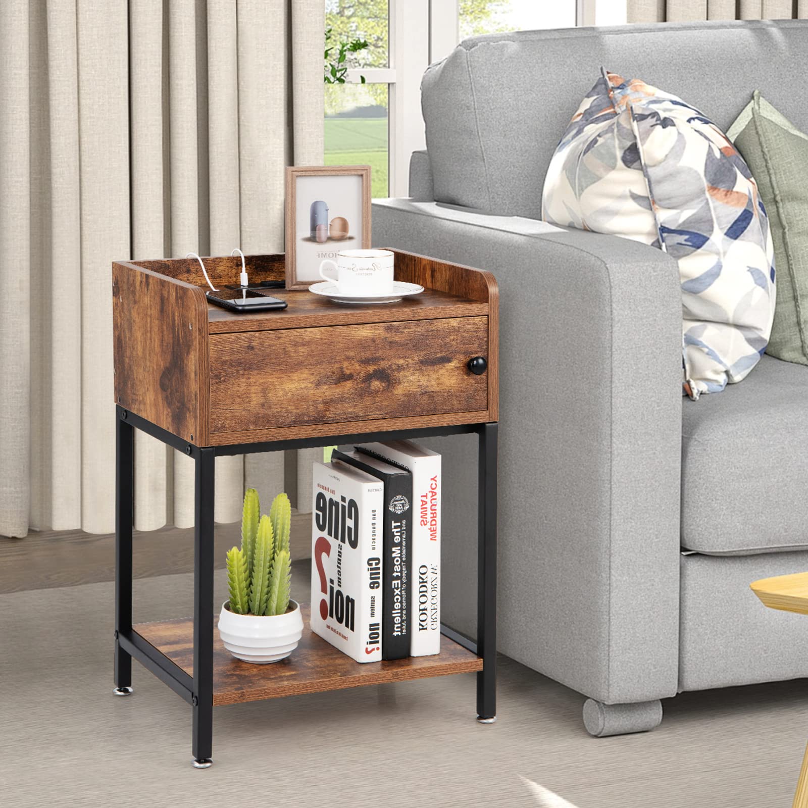 Giantex Nightstand with Charging Station - Sofa Side Table