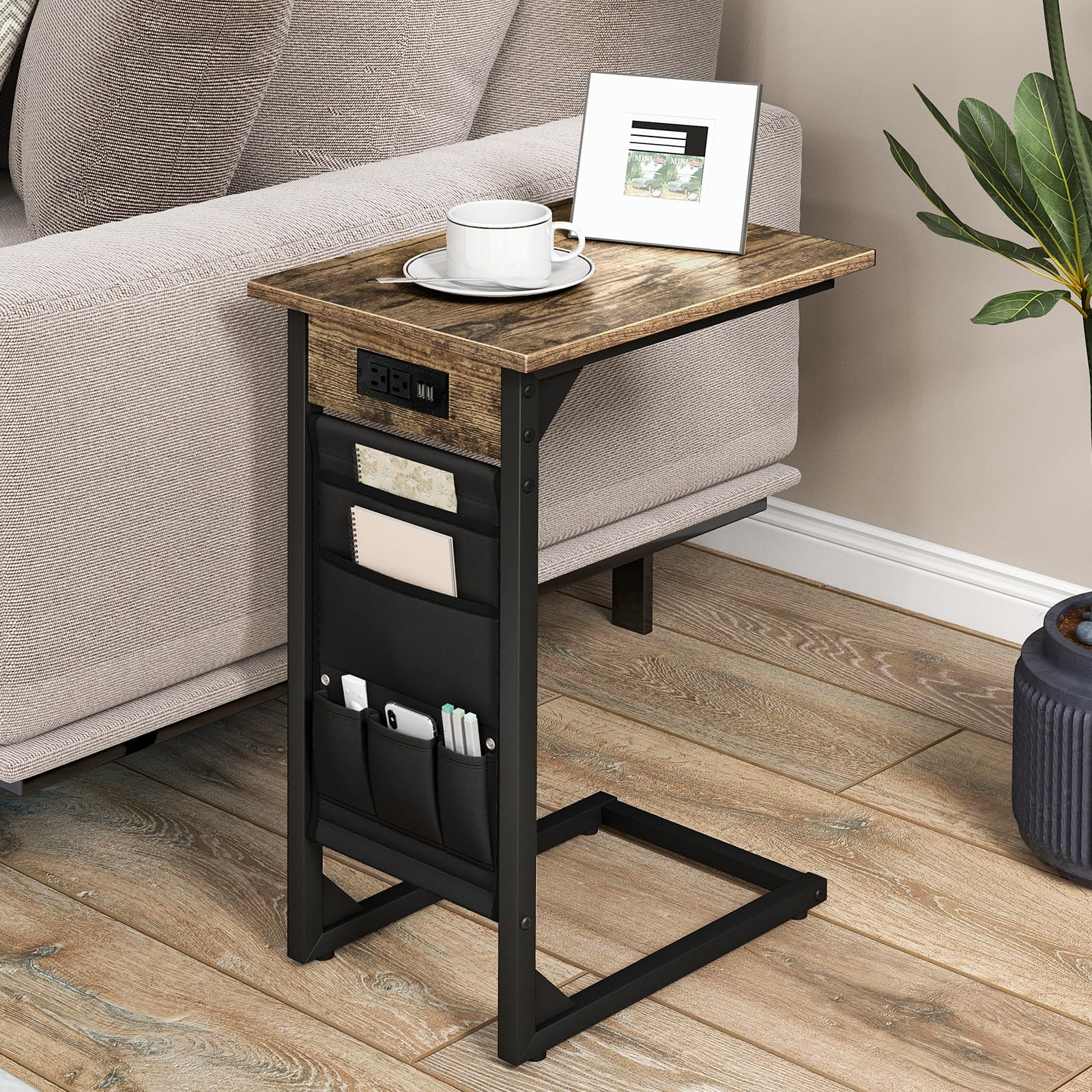 Giantex C Shaped End Table Set of 2, Sofa Side Table with Charging Station & Side Storage Bag, Rustic Brown