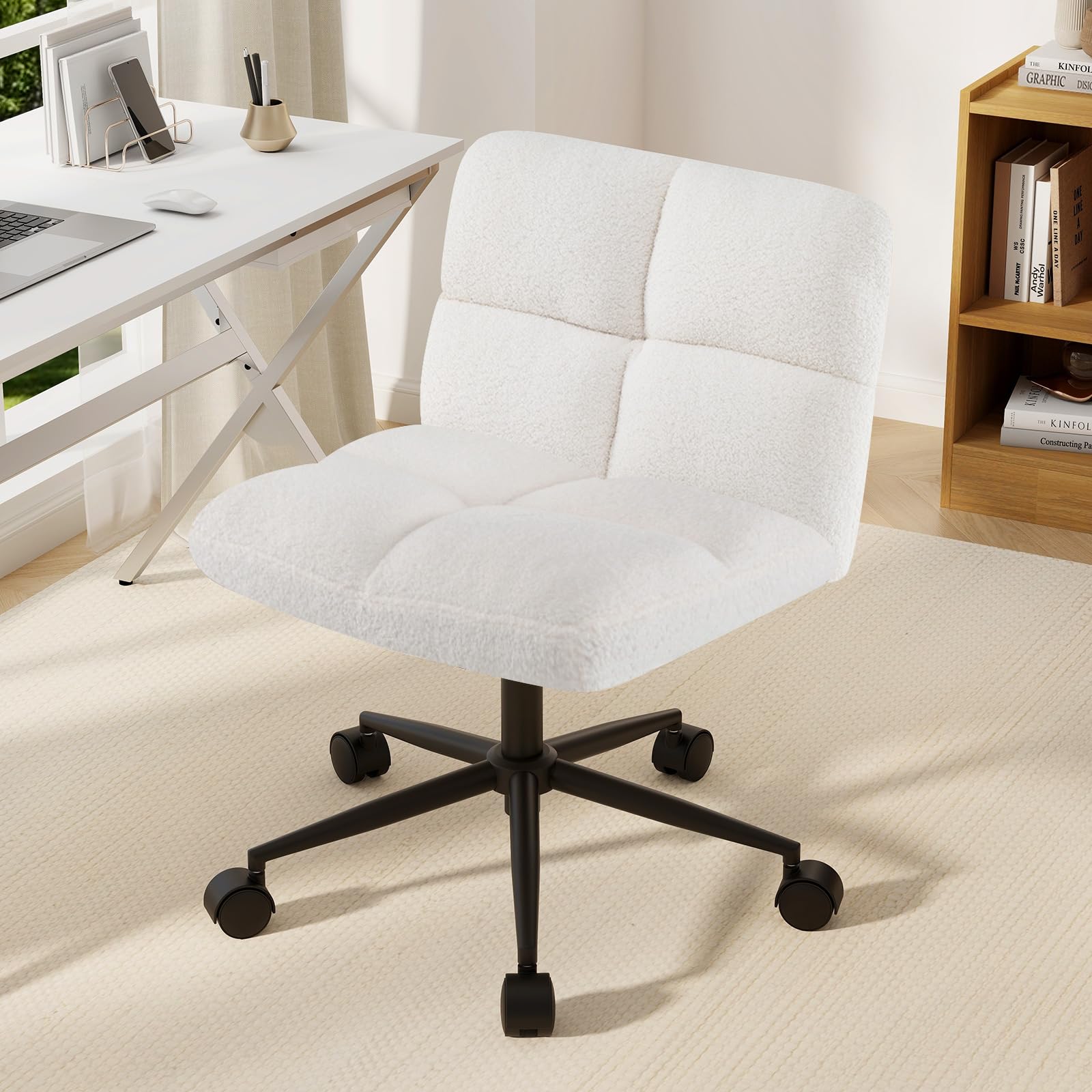 Giantex Criss Cross Chair with Wheels, Faux Fur Cross Legged Office Chair, Armless Wide Desk Chair