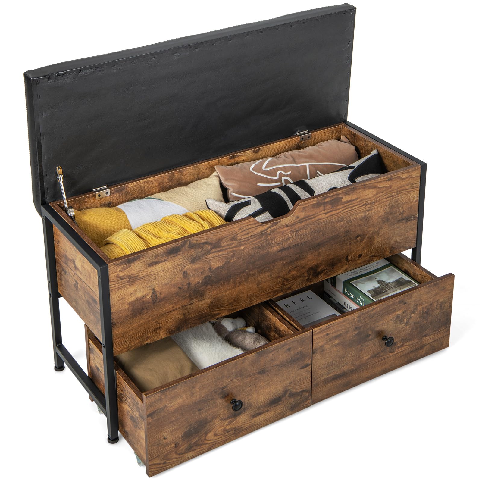 Giantex Storage Bench with Flip Top Storage Chest, 2 Rolling Drawers (Rustic Brown)