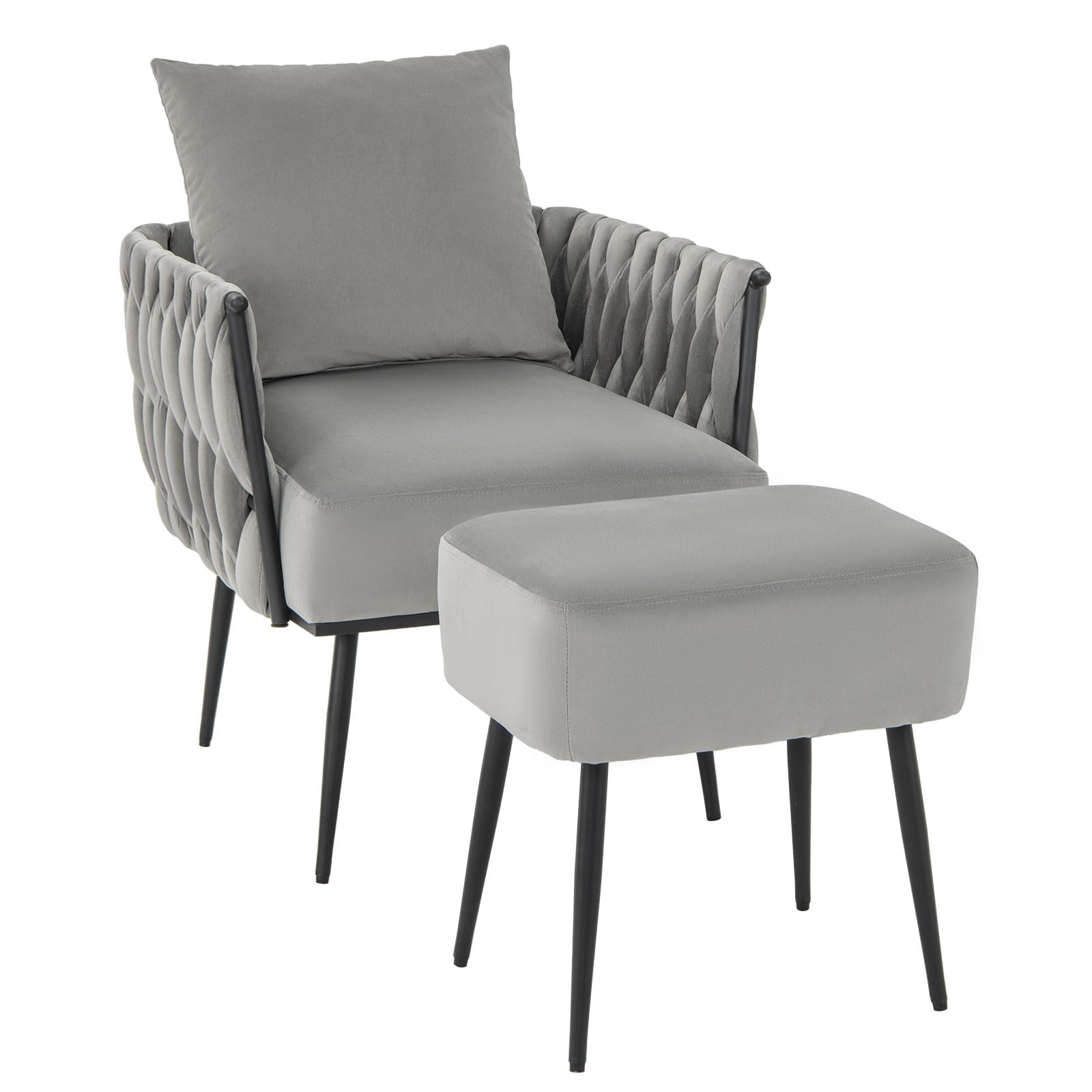 Giantex Velvet Accent Chair with Ottoman, Modern Comfy Arm Chair w/Solid Metal Frame, Pillow