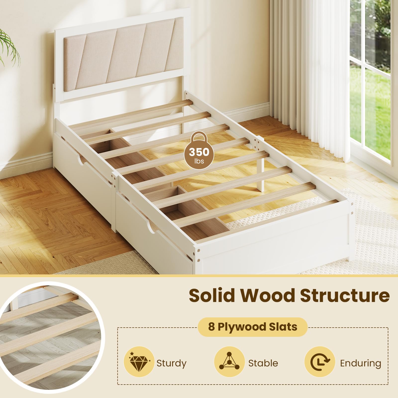 Giantex Wood Twin Bed with 2 Storage Drawers, Solid Wood Platform Bed with Upholstered Headboard