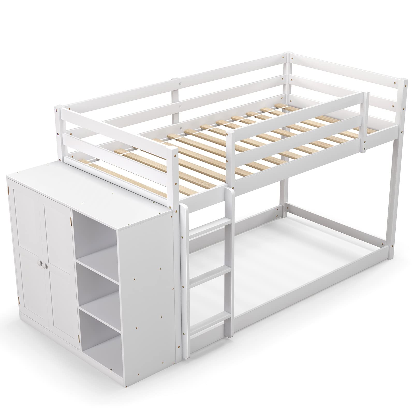 Giantex Twin Over Twin Bunk Bed with Storage Shelves, Solid Wood Bunk Bed Frame with Convertible Bookcase & Ladder, White