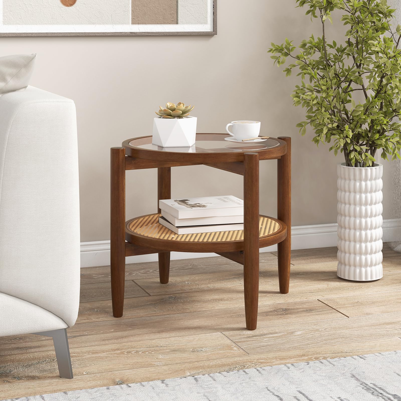 Rattan Round End Table - Giantex