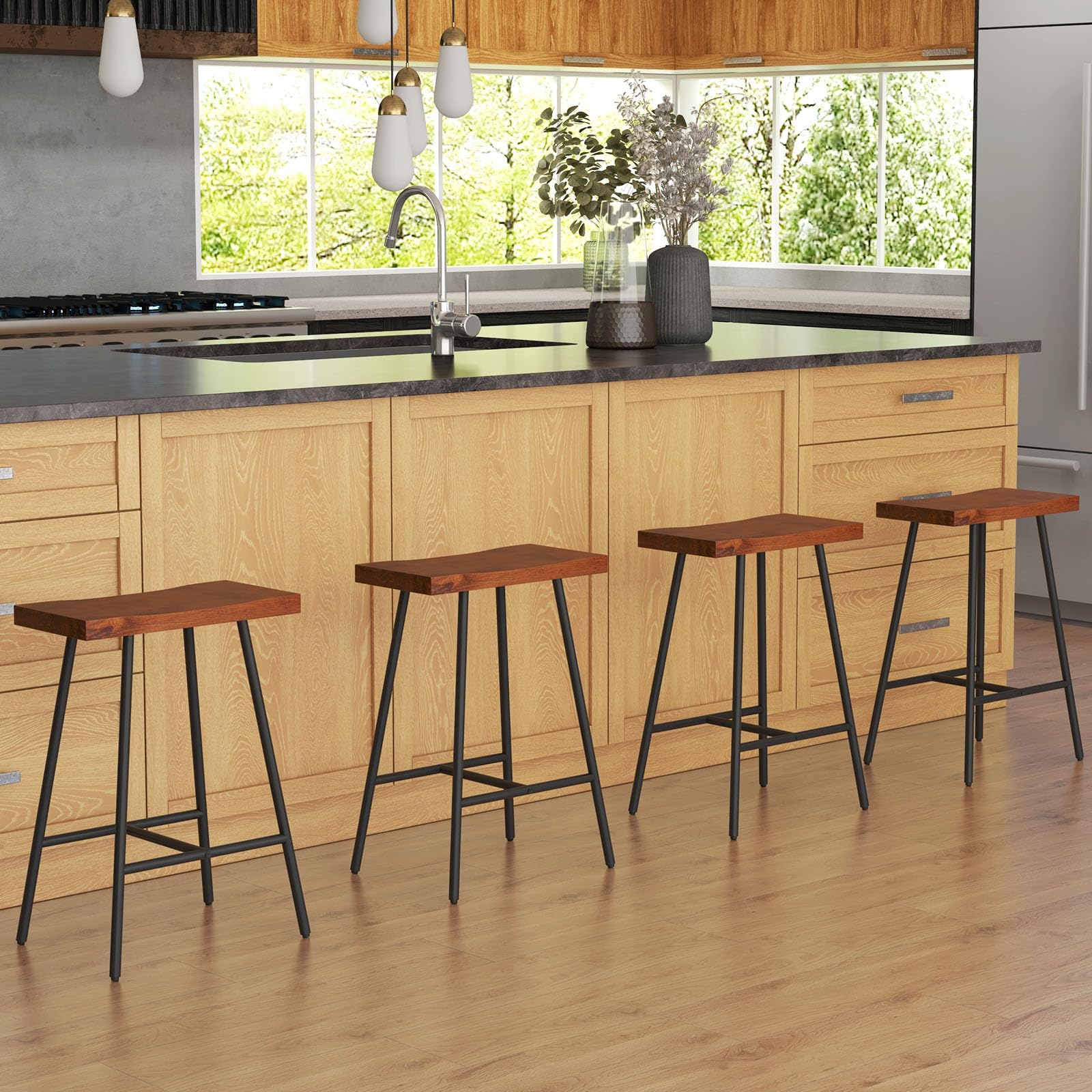 Giantex 24" Bar Stools Set of 2, Counter Height Bar Stools with Footrests, Solid Metal Legs