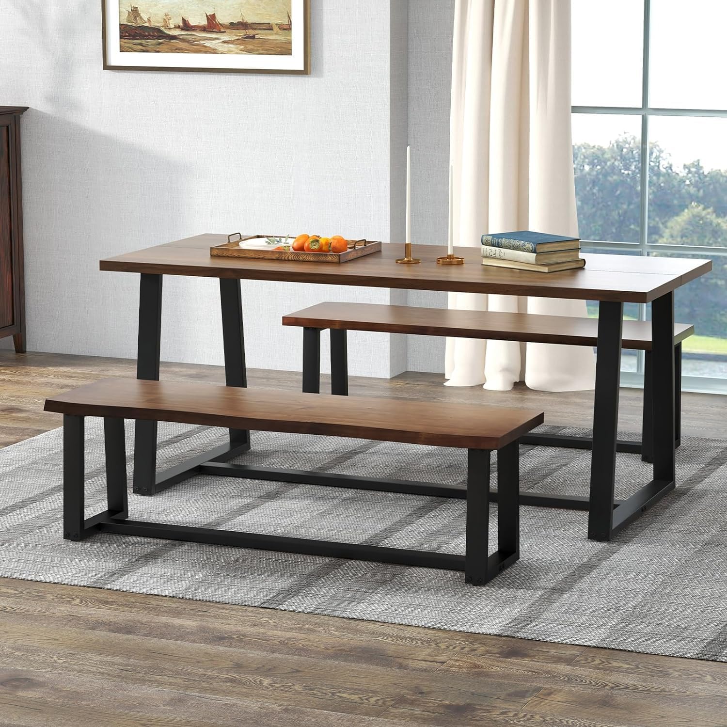Giantex Dining Table Set for 4-63” Large Table & 2 Long Benches Set for 4-6 People