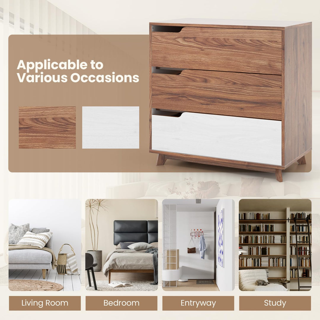 Giantex 3-Drawer Dresser for Bedroom - Small Chest of Drawers, Rustic Farmhouse Storage Cabinet, Walnut & White