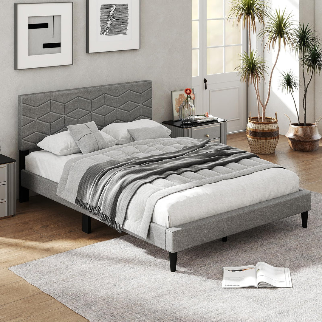 Giantex Upholstered Bed Frame Modern Platform Bed with Linen Fabric Geometric Headboard