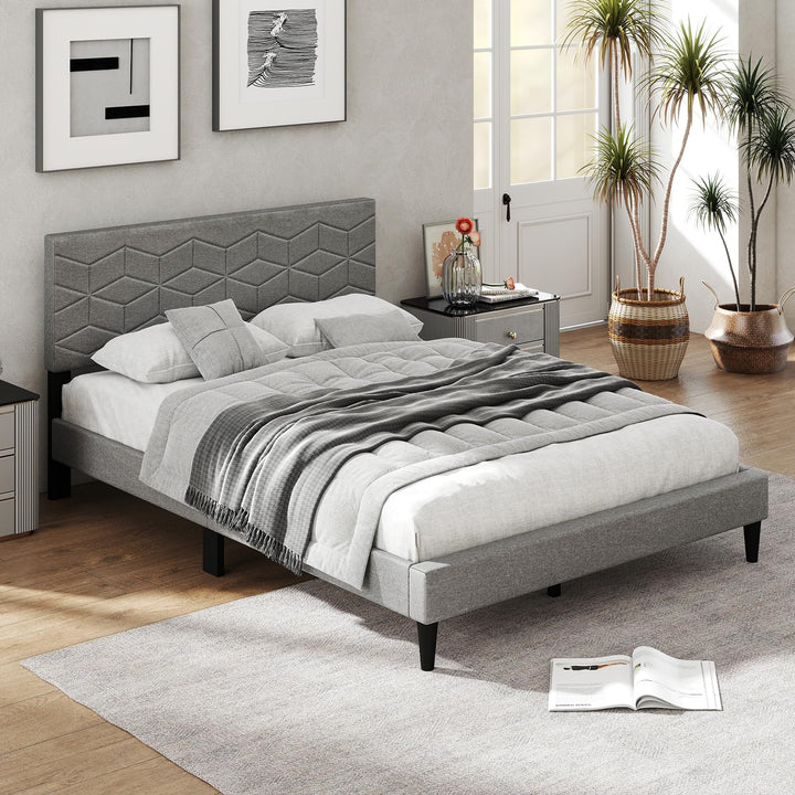 Giantex Upholstered Bed Frame Modern Platform Bed with Linen Fabric Geometric Headboard