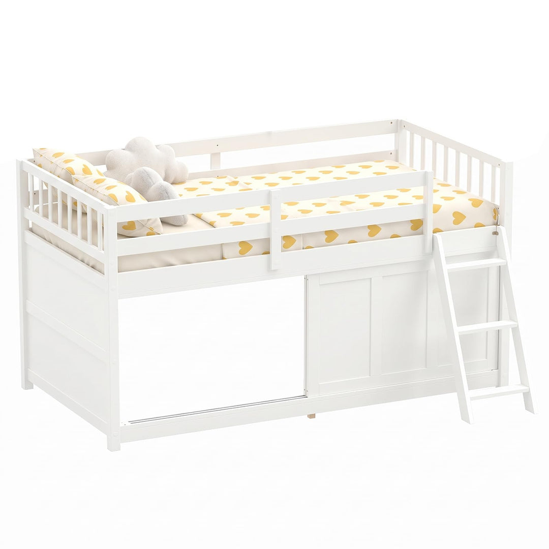 GIANTEX Wooden Low Loft Bed Twin Size with Sliding Door