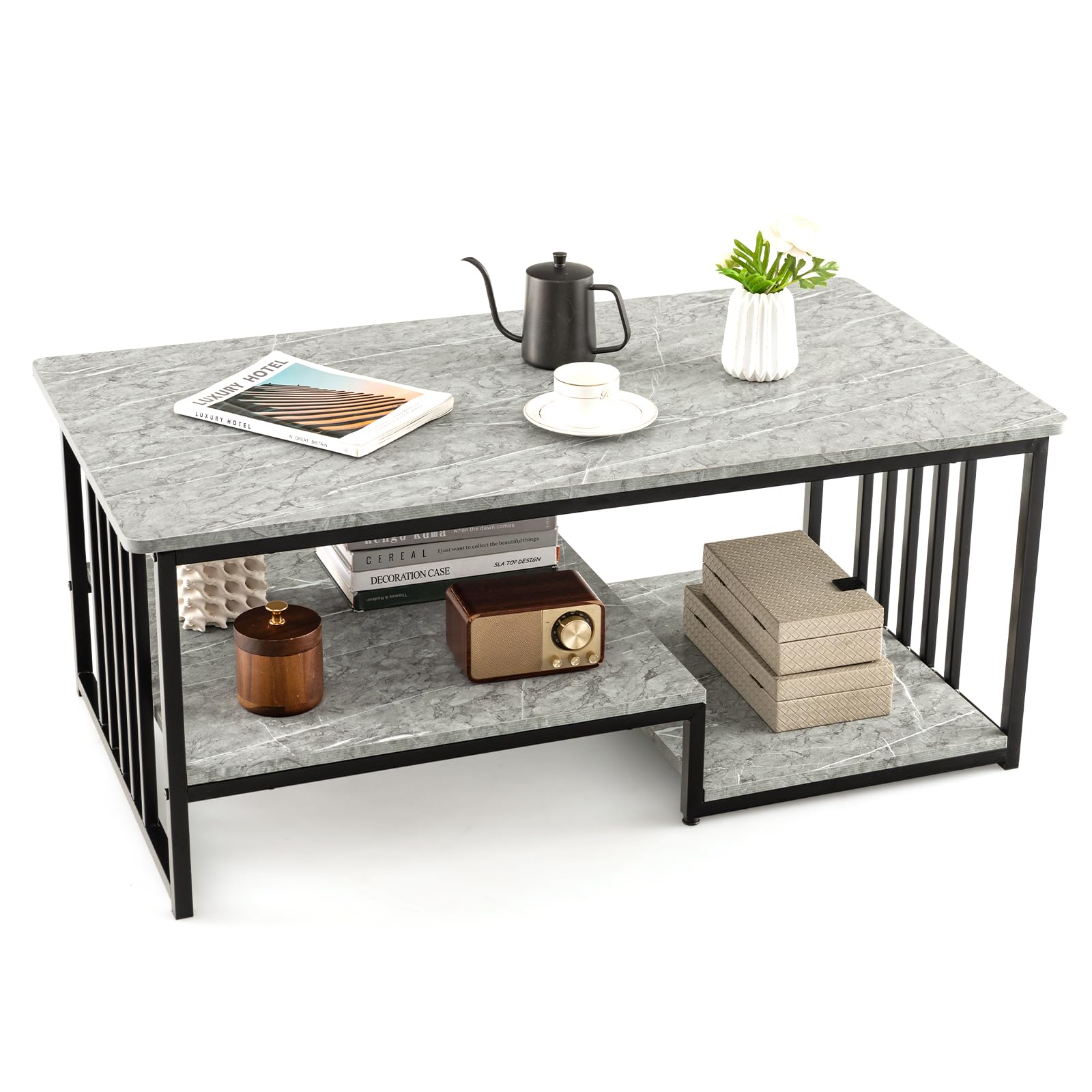 Giantex Faux Marble Coffee Table - Rectangular 2-Tier Center Table with Open Storage Shelf