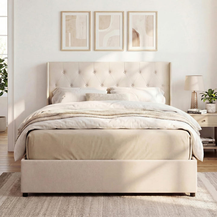 Giantex Modern Linen Upholstered Platform w/Button Tufted Wingback Headboard &amp; Hydraulic Support