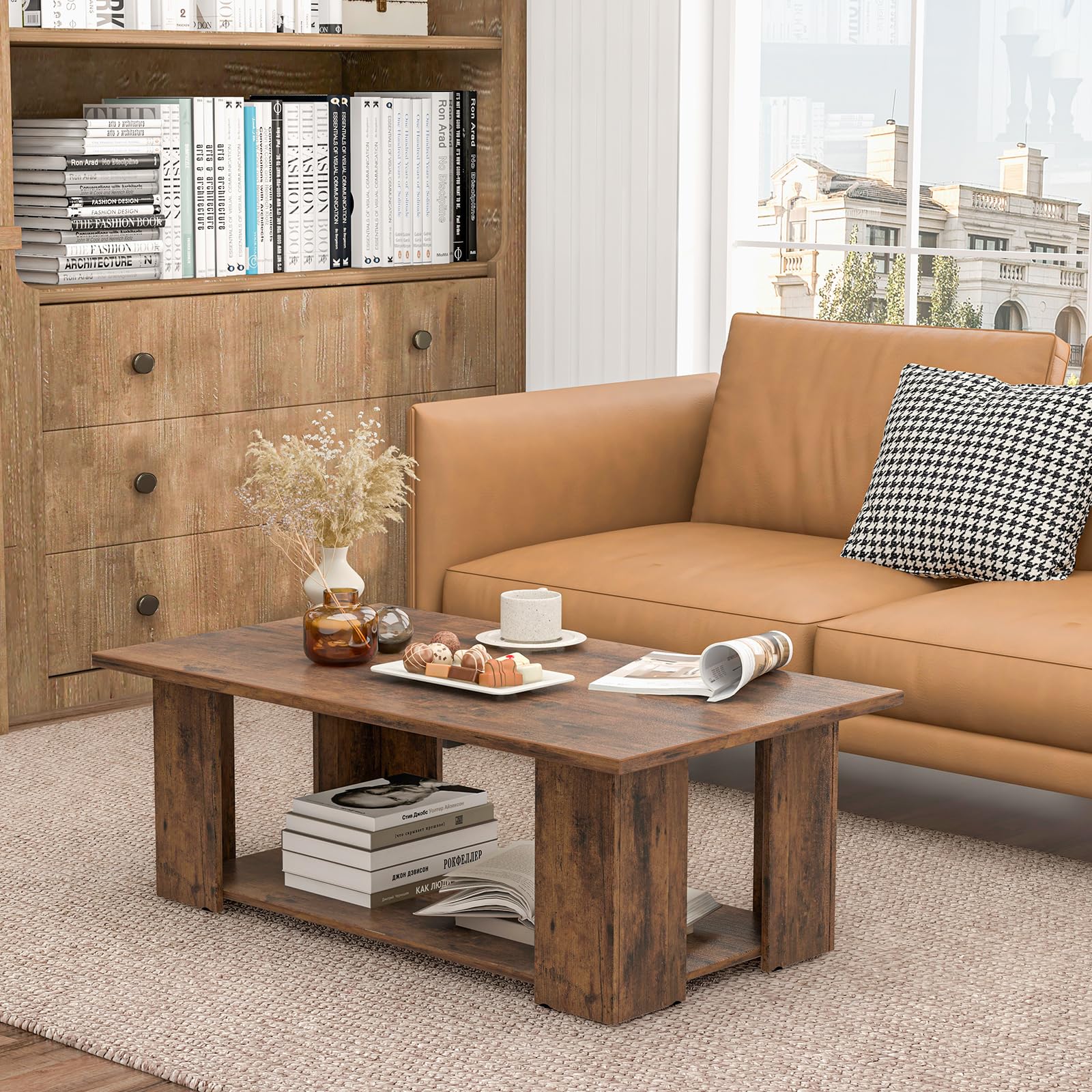 Giantex Rectangle Wood Center Table, 41" L 2-Tier Large Modern Tea Table w/Open Compartment