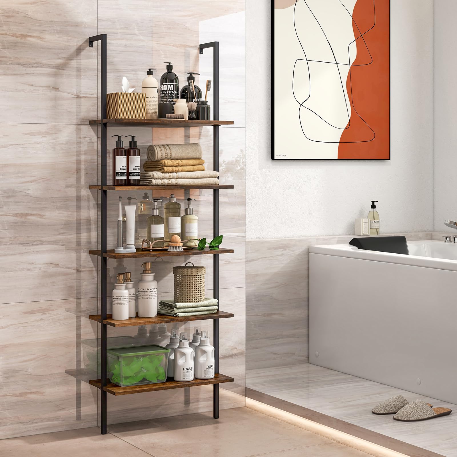 Giantex 5 Tier Modern Wall Mounted Bookshelf, 71'' White and Gold Wood Bookcase with Steel Frame