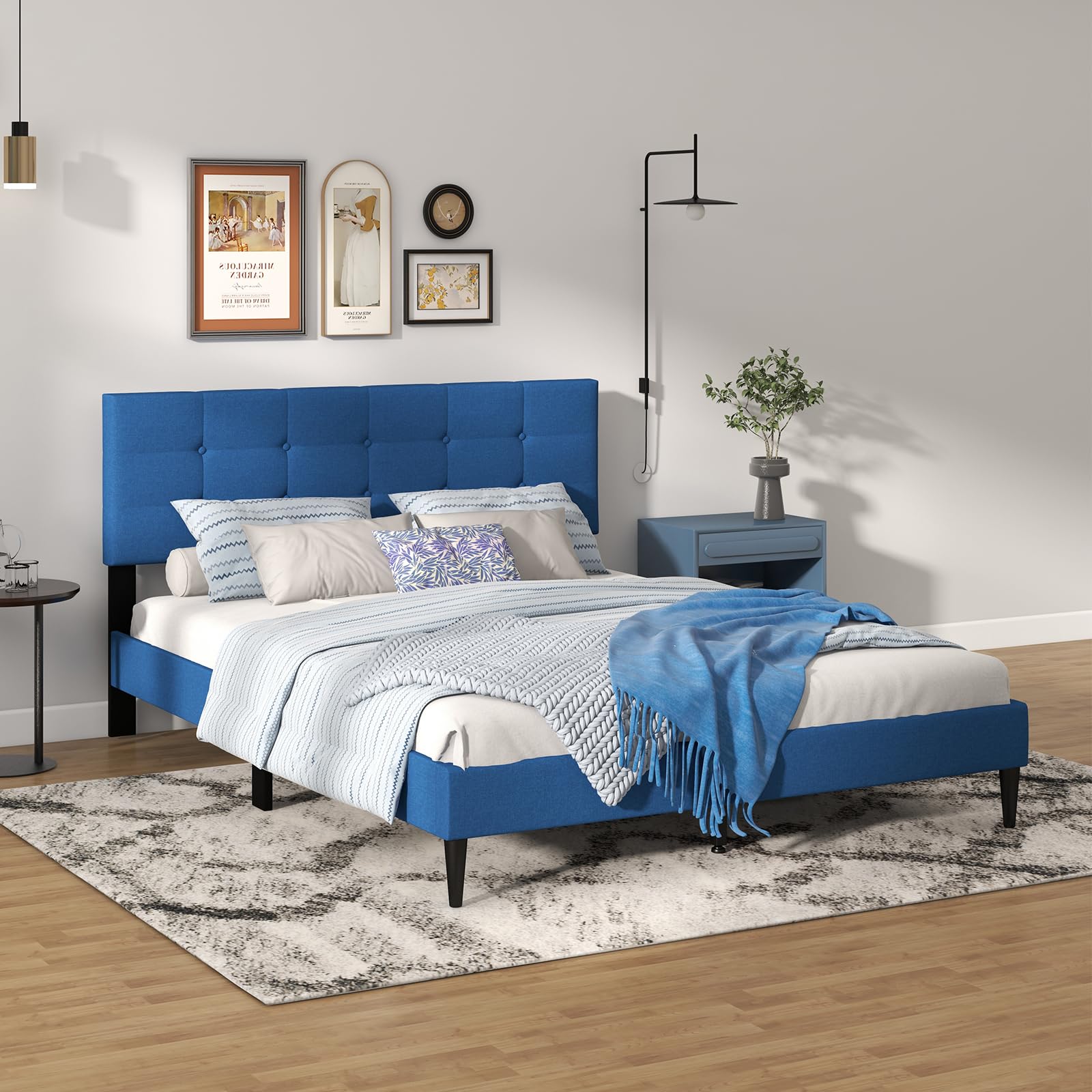 Giantex Platform Bed Frame with Button Tufted Headboard and Wooden Slats