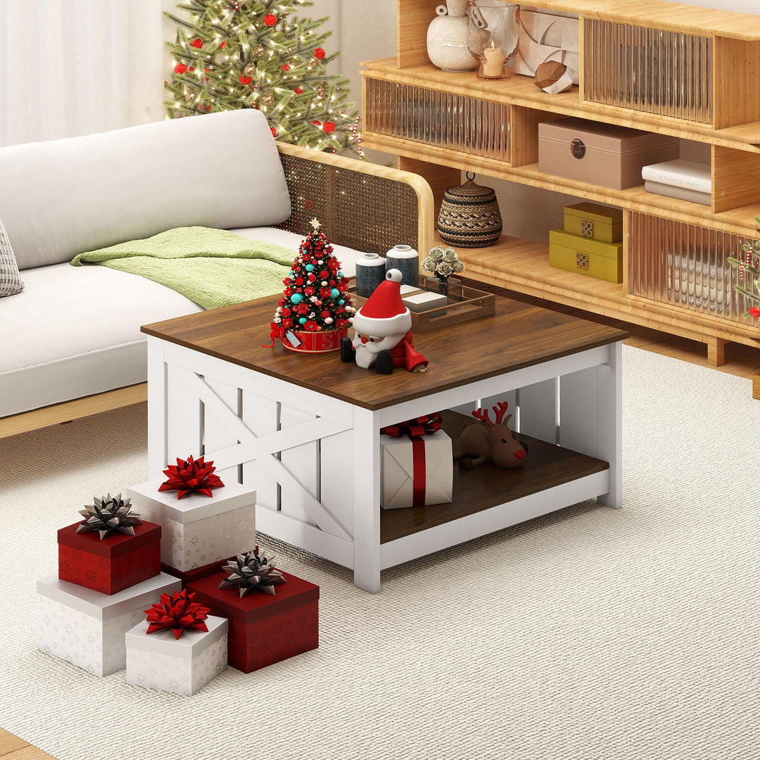 Giantex Farmhouse Coffee Table 31 Inch Square Wood Coffee Table with Storage Shelf