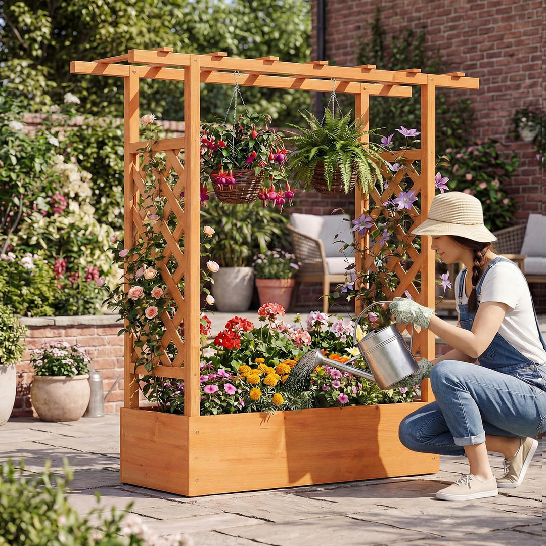 Giantex Wooden Raised Garden Bed with Trellis & Hanging Roof
