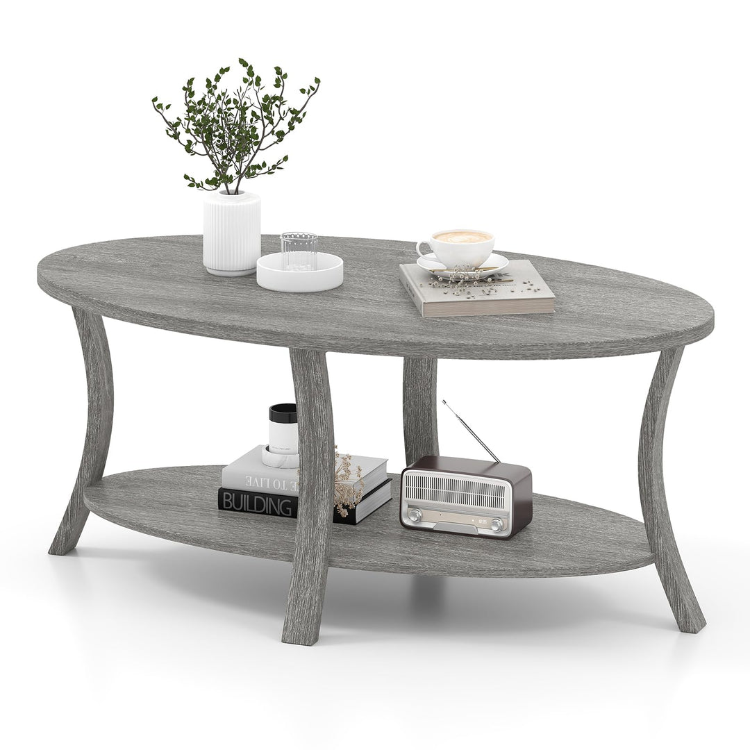 Giantex 44 Inch Oval Coffee Table 2-Tier Center Table with Storage Shelf & Rubber Wood Frame