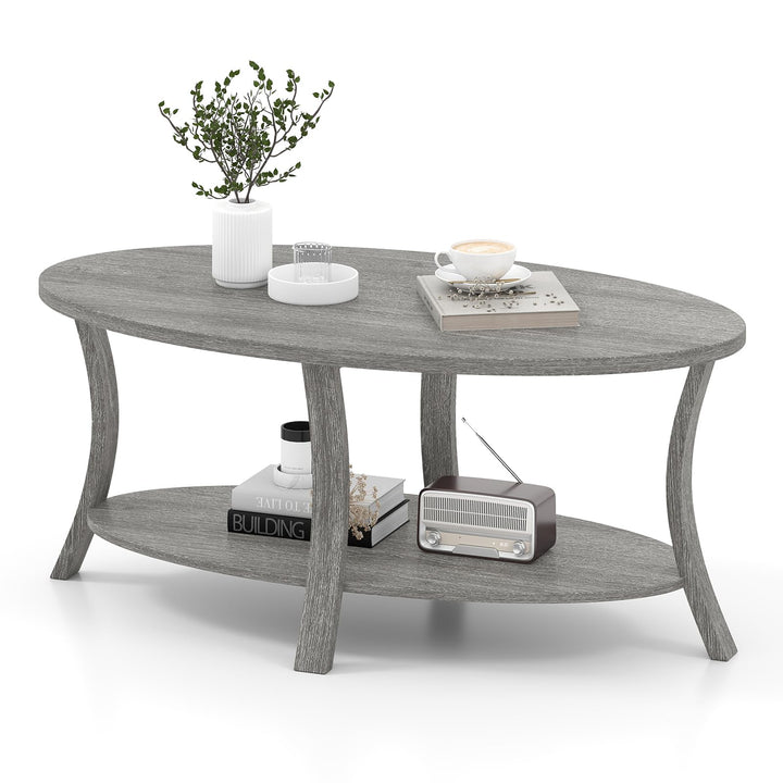 Giantex 44 Inch Oval Coffee Table 2-Tier Center Table with Storage Shelf & Rubber Wood Frame