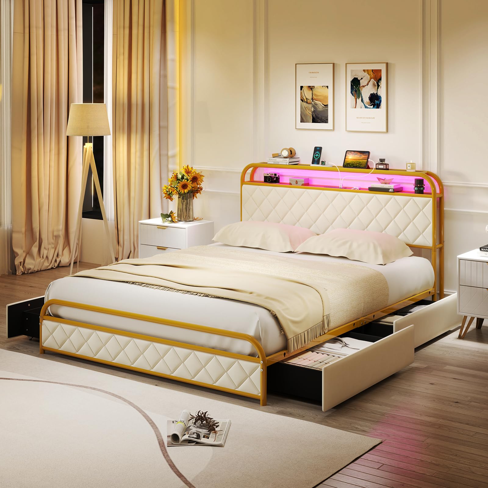 Giantex Bed Frame with 4 Storage Drawers and Charging Station