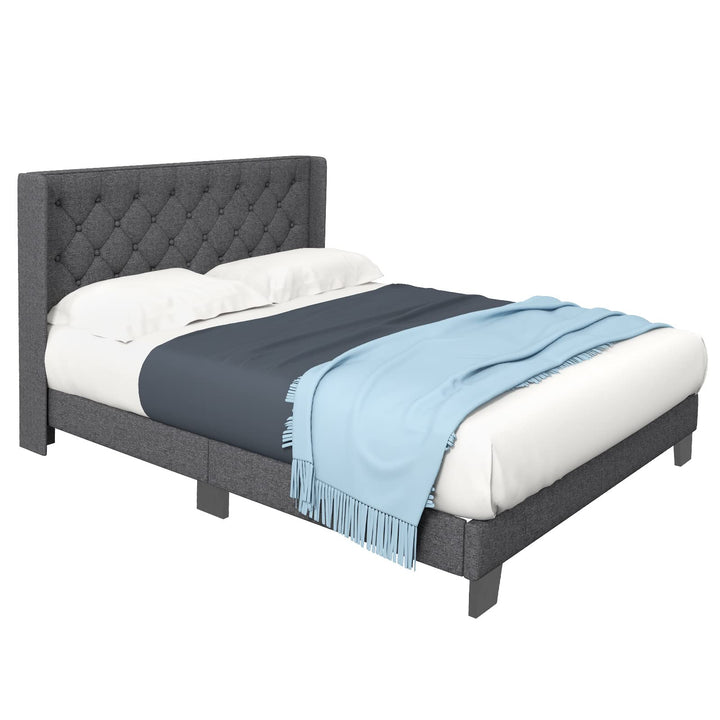 Giantex Bed Frame with Button Tufted Headboard, Modern Fabric Upholstered Platform Bed with Wingback Design, Grey