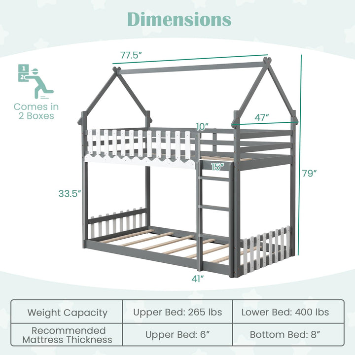 Giantex Bunk Bed Twin Over Twin, Wood House Low Bunk Bed with Ladder & Fence Safety Guardrail