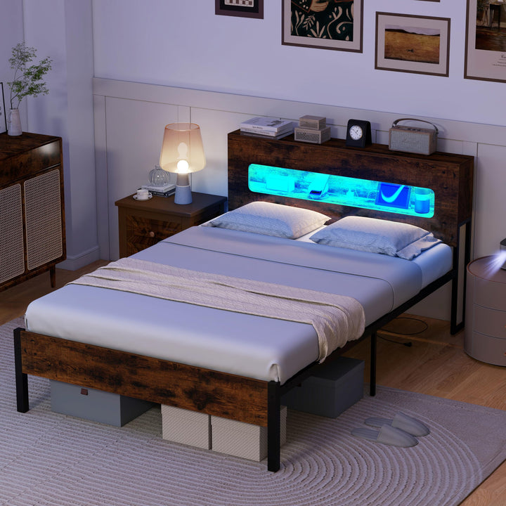 Giantex Full Size Bed Frame with LED Lights & Charging Station