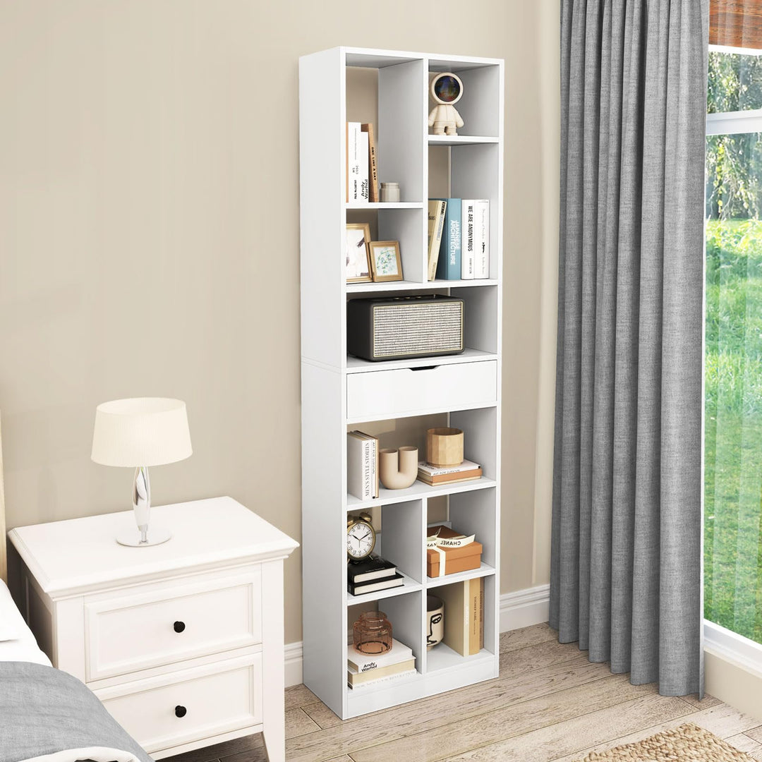 Giantex 71" Bookcase with Drawer Tall Freestanding Bookshelf with 10 Open Cubes