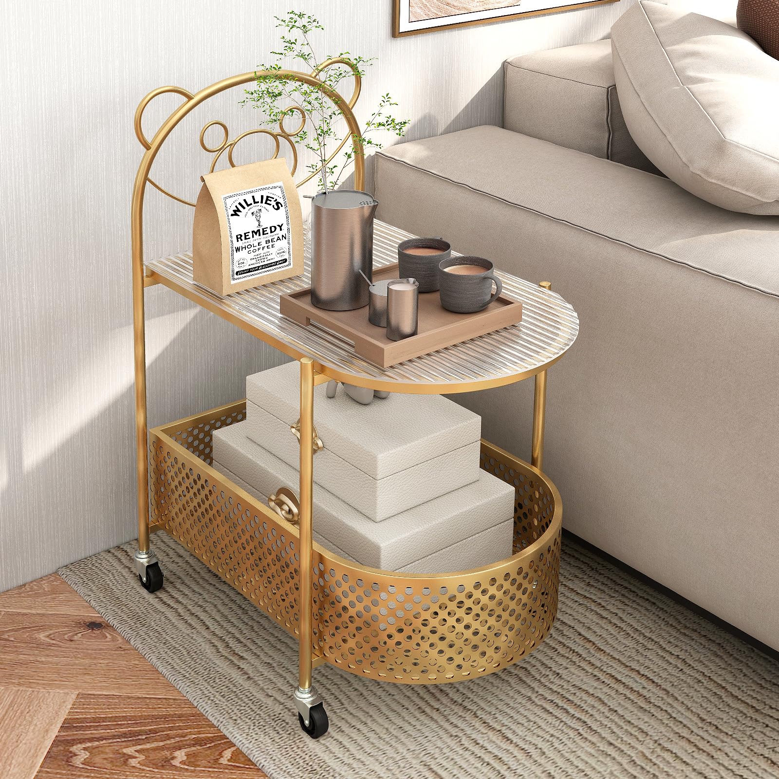 Giantex Mobile Glass Coffee Table, 2-Tier Modern Cocktail Table with Bear Pattern, Storage Basket & Metal Frame