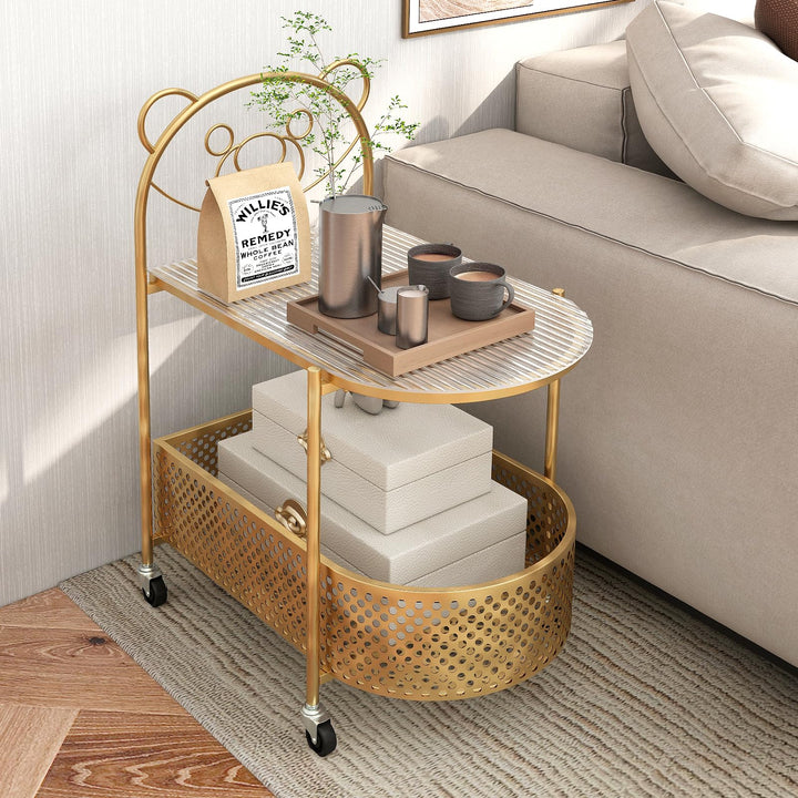 Giantex Mobile Glass Coffee Table, 2-Tier Modern Cocktail Table with Bear Pattern, Storage Basket & Metal Frame