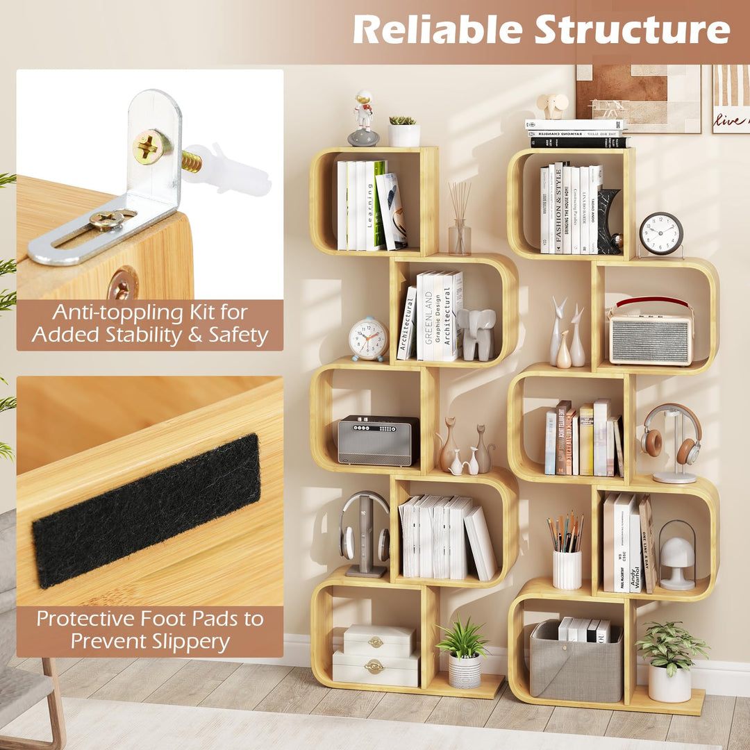 Giantex 5-Tier S-Shaped Bookcase Bamboo Bookshelf with Open Cubes
