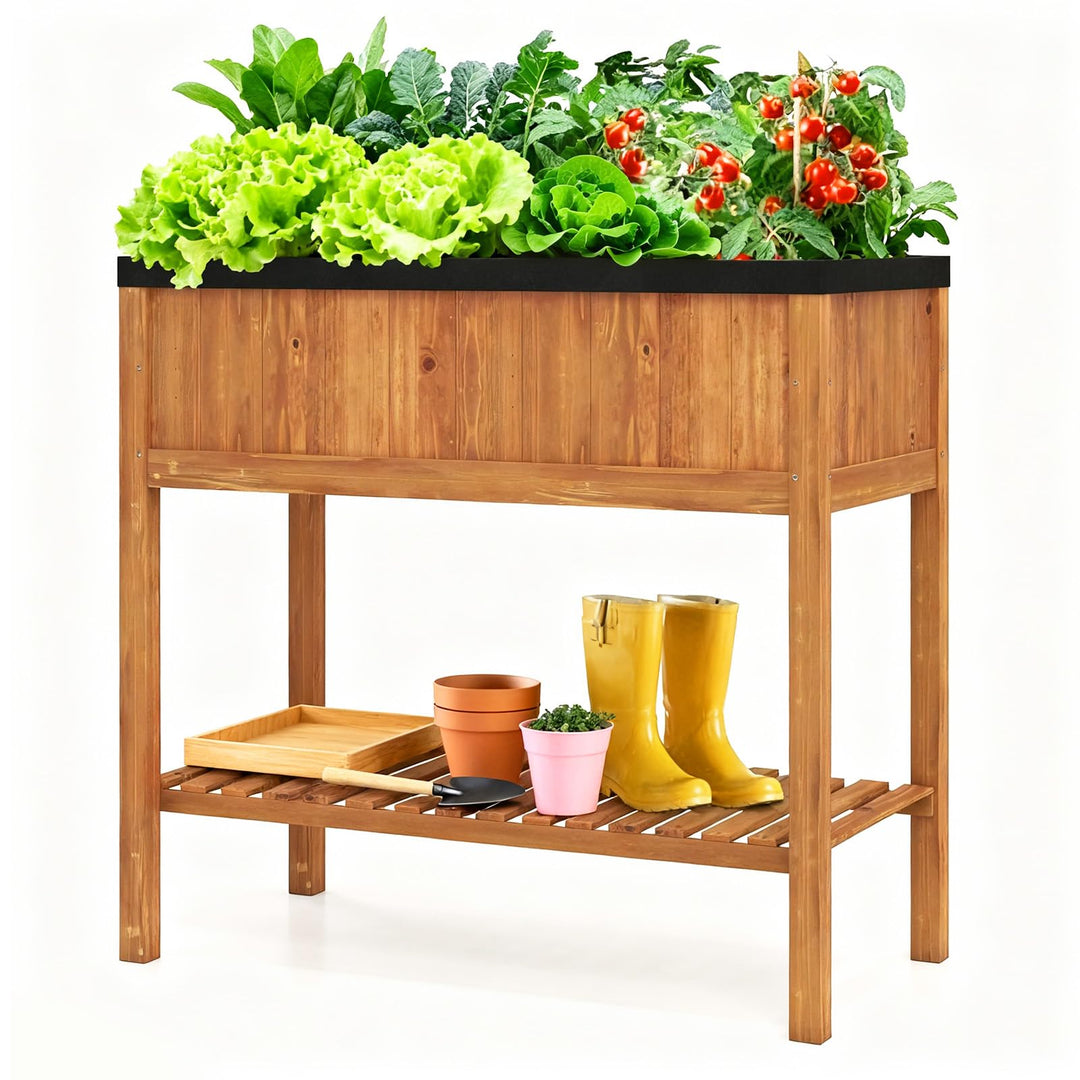 Giantex 40"x20"x39" Raised Garden Bed Wood Planter Box with Plant Stand & Black Liner