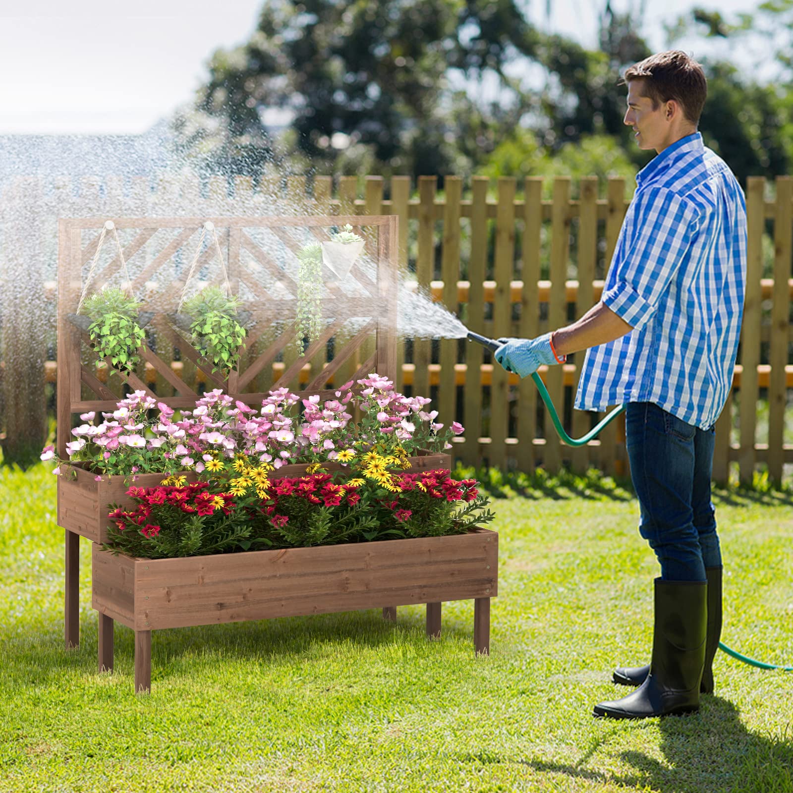 Giantex Raised Garden Bed with Trellis, 2-Tier Wooden Planter Box with Legs and Drain Holes (Brown)