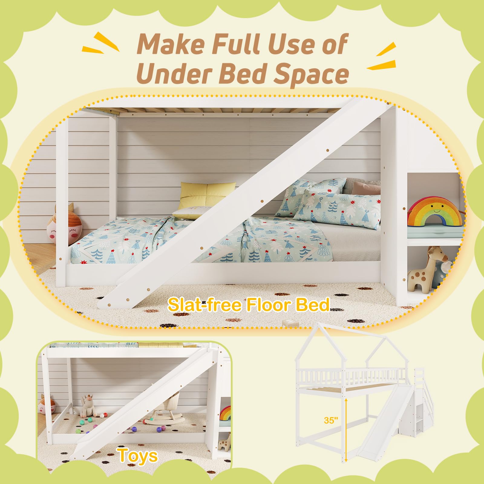 Giantex House Bunk Bed Twin Over Twin with Slide & Stairs, No Box Spring Needed, Twin Floor Bunk Bed for Kids Teens Boys Girls, White