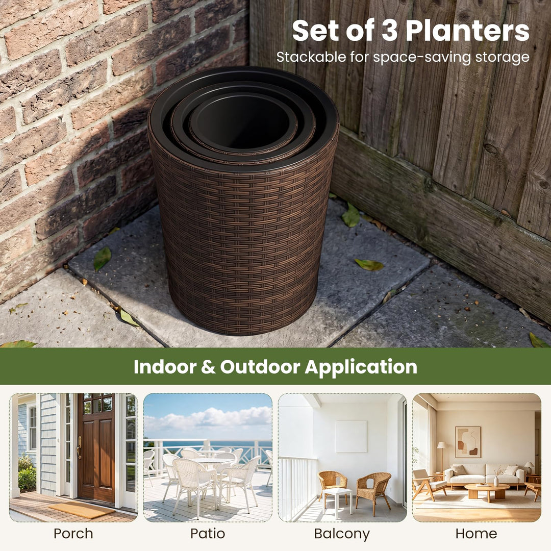 Giantex Set of 3 Plastic Planters | 14 &amp; 11 &amp; 9 Inch Taper Rattan Planters with Drainage Holes and Saucers