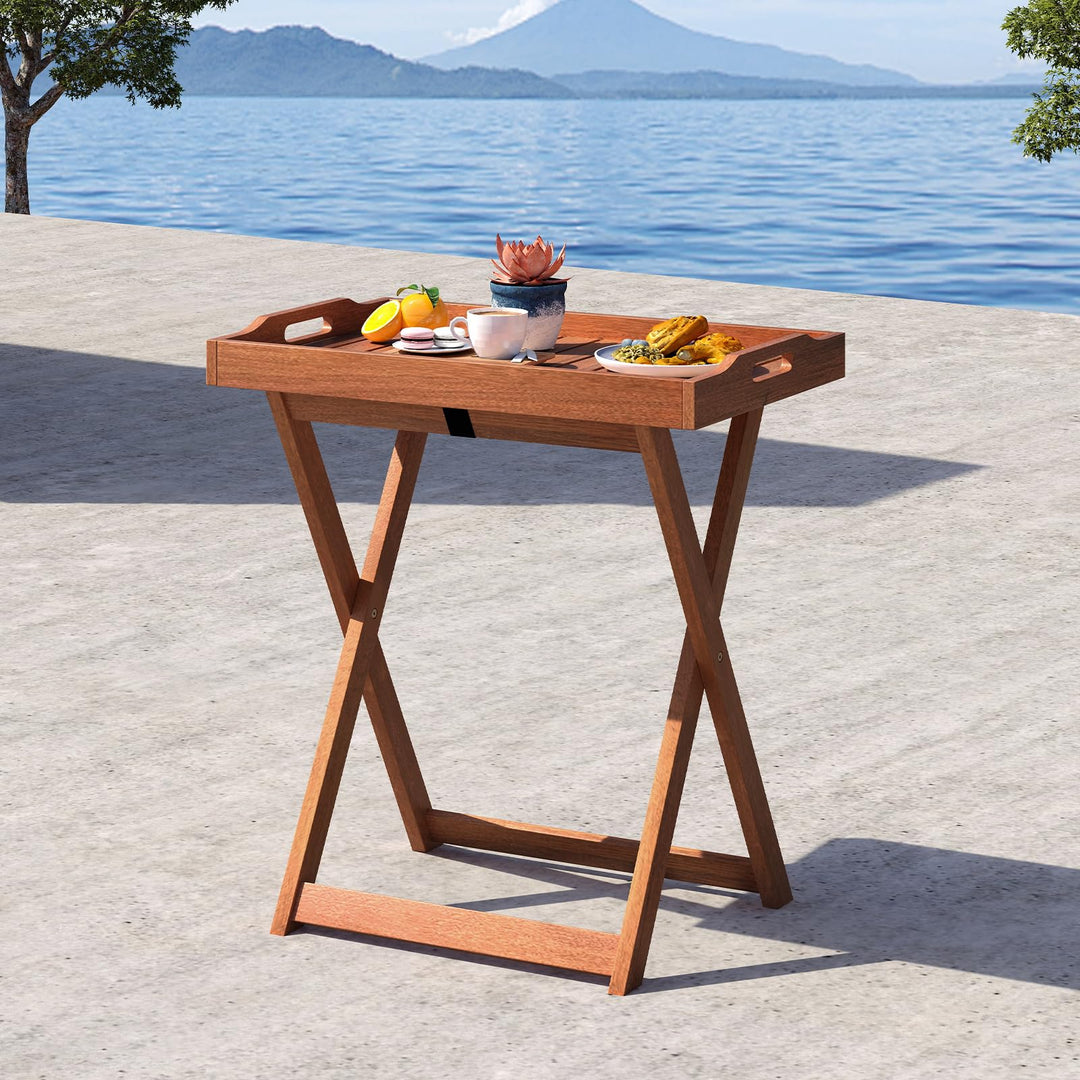 Giantex Outdoor Side Table Wooden Folding Table with Removable Tray Top