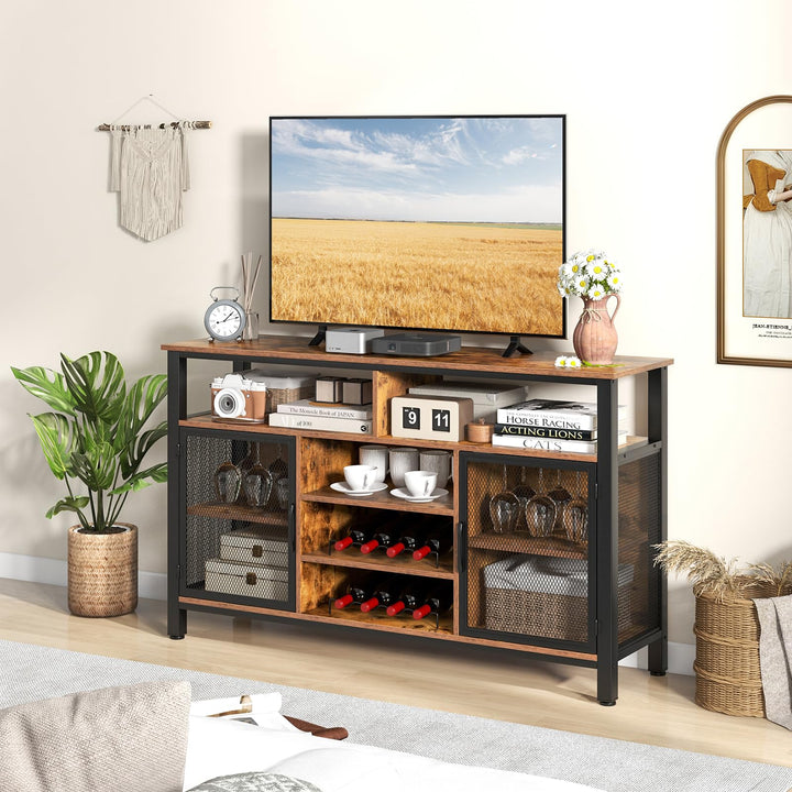 Giantex Coffee Bar Cabinet for Liquor and Glasses, 55” Buffet Sideboard with 8-Bottle Wine Racks, 6 Rows of Wine Glass Holders
