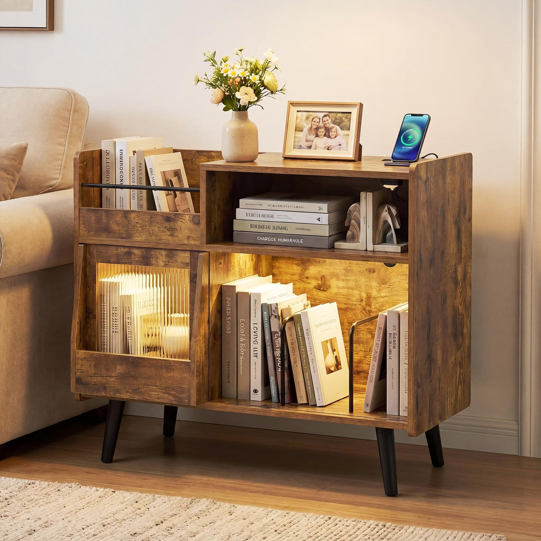 Giantex Large Record Player Stand with LED Light&amp; Sliding Door