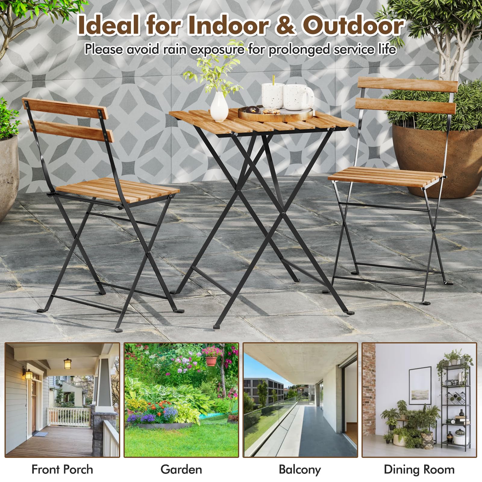 Giantex 3-Piece Acacia Wood Bistro Set with 2 Folding Chairs, Slatted Seat & Tabletop