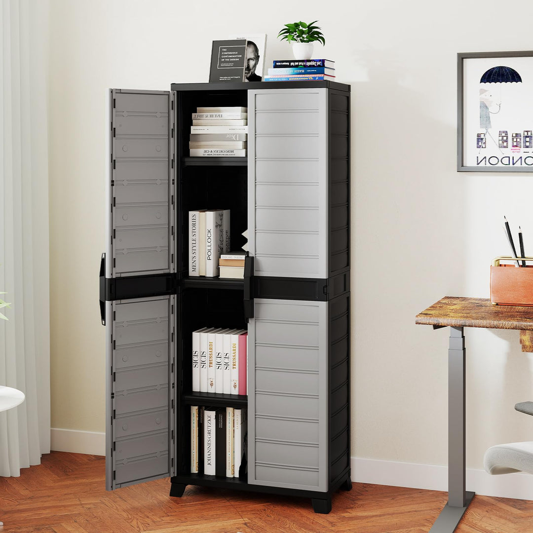 68" Lockable Storage Cabinet, PP Garage Storage Shed with Doors, 3 Adjustable Shelves