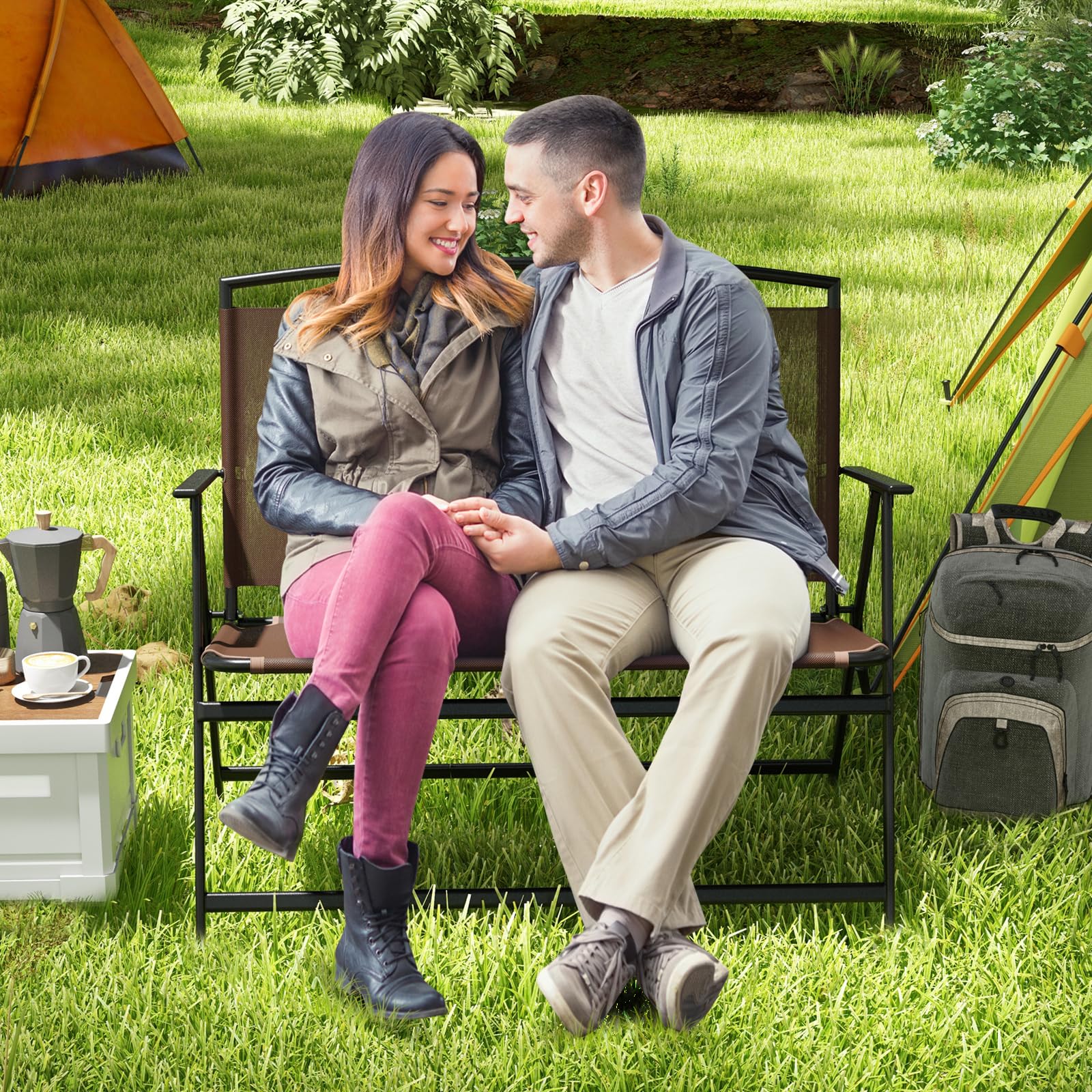 Giantex Outdoor Bench, Folding Garden Bench for 2 Persons, Patio Loveseat with Metal Armrests