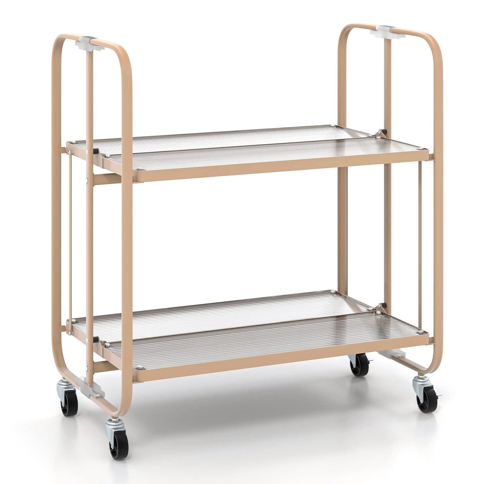 Giantex 2-Tier Mobile Serving Cart, Foldable Storage Cart on Wheels, Tempered Glass Shelf (Rose Gold)