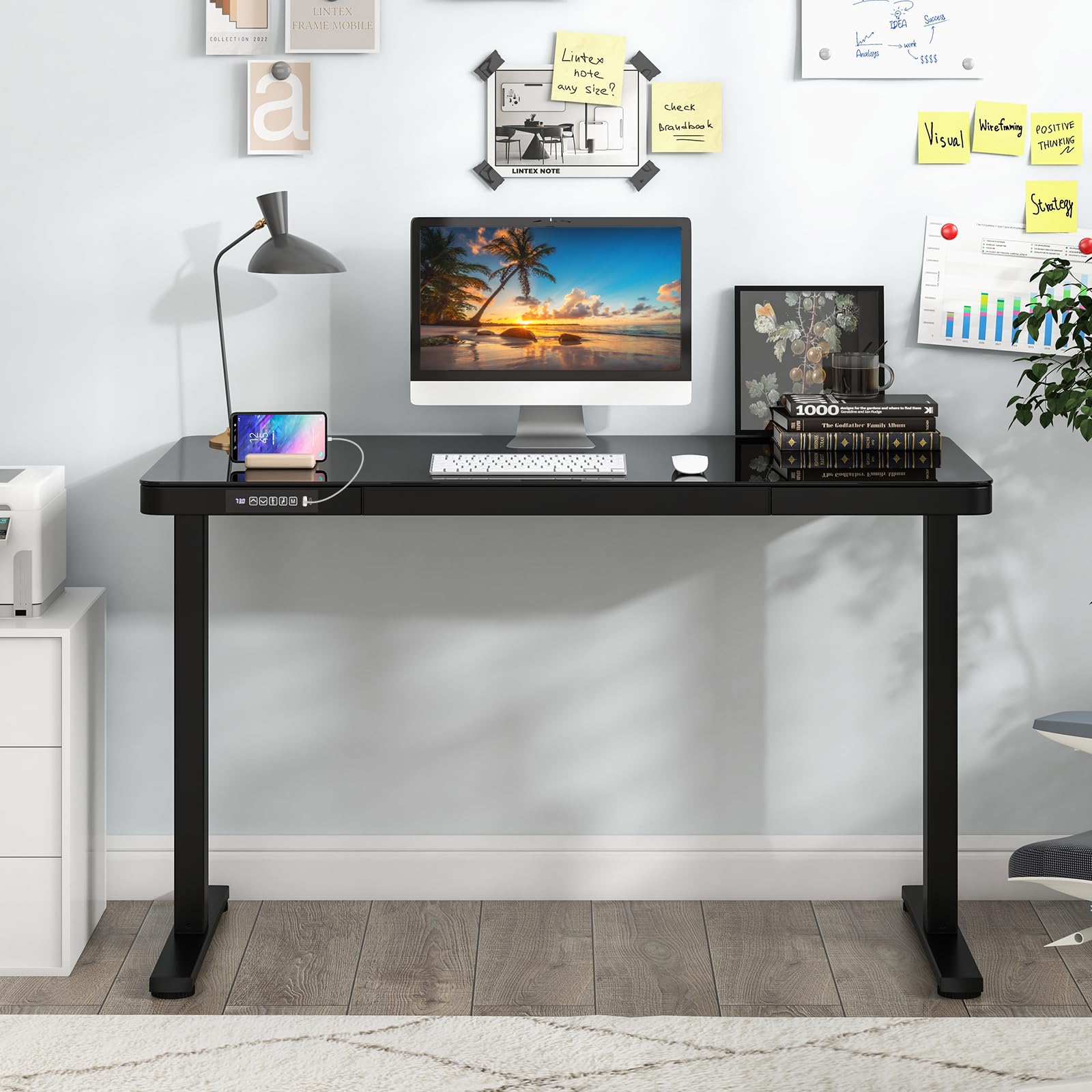 Giantex Glass Standing Desk with Drawer, 48" x 24" Height Adjustable Electric Stand Up Desk
