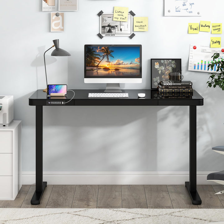 Giantex Glass Standing Desk with Drawer, 48" x 24" Height Adjustable Electric Stand Up Desk