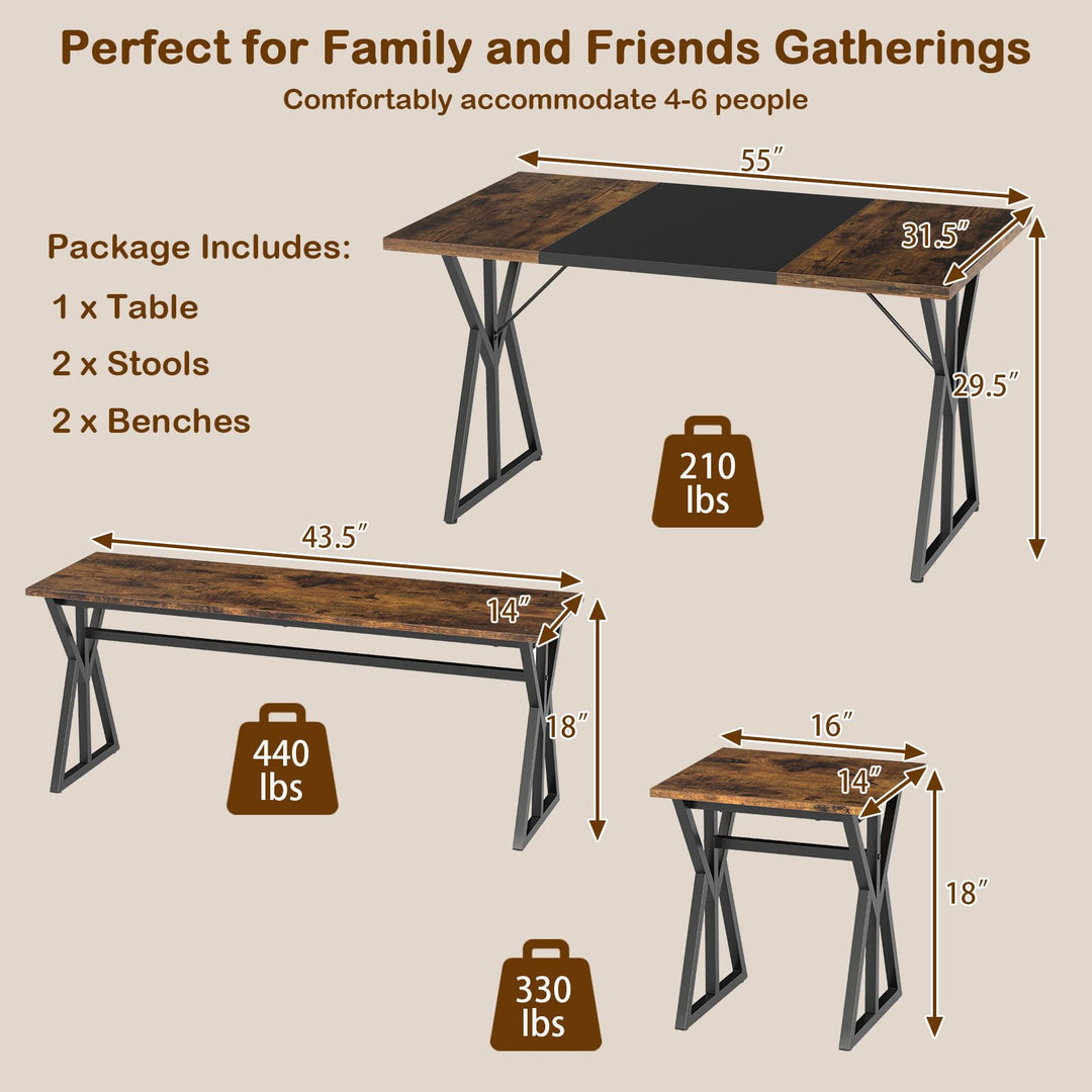 Giantex 55" Kitchen Table with 2 Benches & 2 Stools with X-Shaped Metal Frame