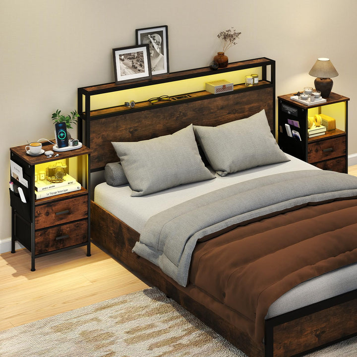 Giantex Night Stand with Charging Station | LED Sofa End Table w/2 Folding Fabric Drawers