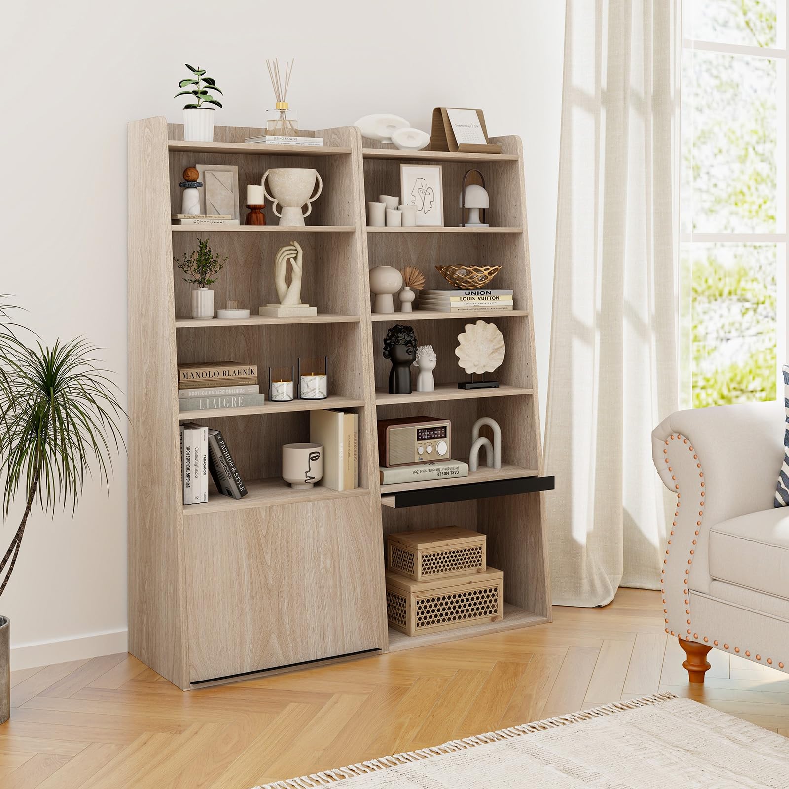 Giantex 6-Tier Bookcase, Freestanding Ladder Bookshelf with 2 Adjustable Shelves & Flip Up Door