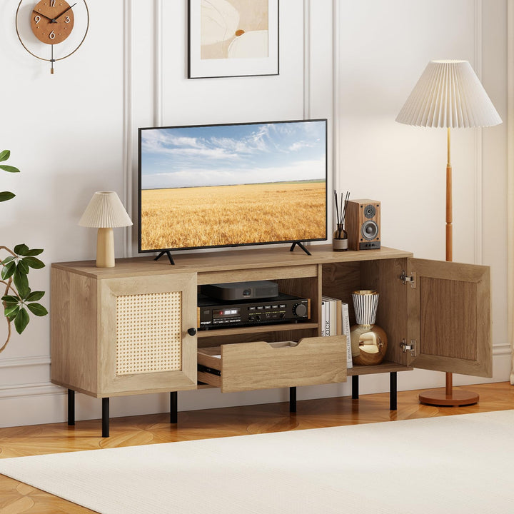 Giantex Boho TV Stand for 50-60 Inch TV with Storage Cabinets Drawer & PE Rattan Doors